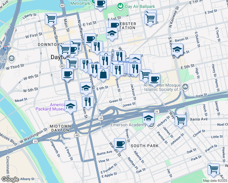 map of restaurants, bars, coffee shops, grocery stores, and more near 22 Tecumseh Street in Dayton
