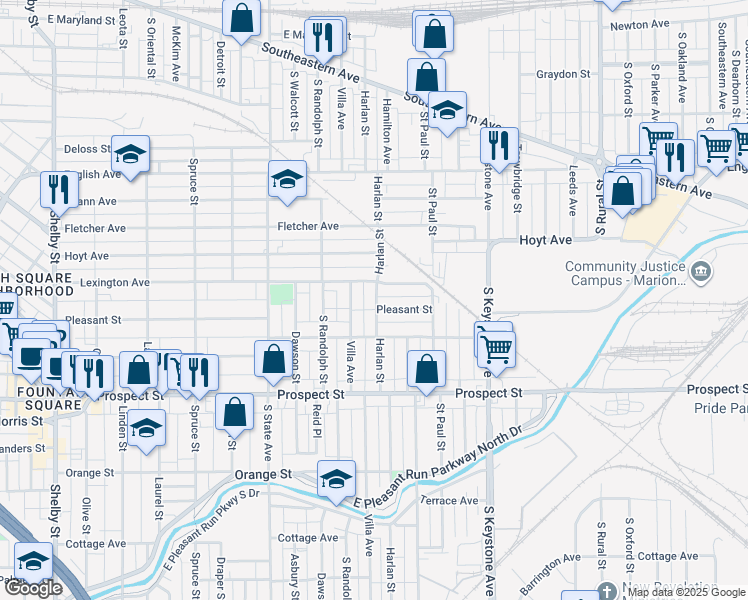 map of restaurants, bars, coffee shops, grocery stores, and more near 2117 Lexington Avenue in Indianapolis