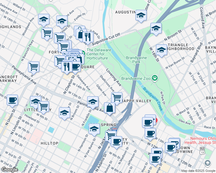 map of restaurants, bars, coffee shops, grocery stores, and more near in Wilmington