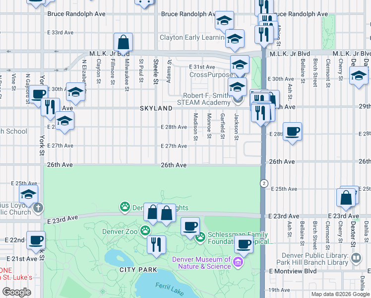 map of restaurants, bars, coffee shops, grocery stores, and more near 3401 East 27th Avenue in Denver