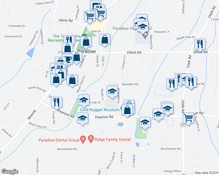 map of restaurants, bars, coffee shops, grocery stores, and more near 5758 Shady Lane in Paradise