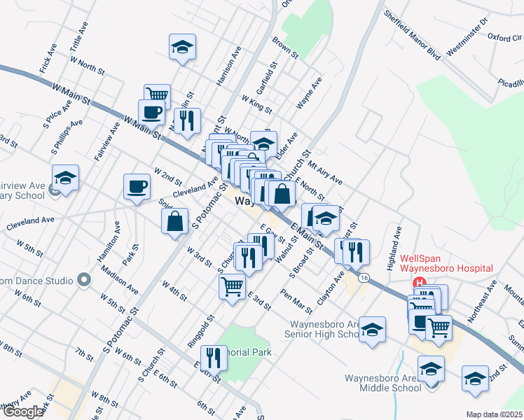 map of restaurants, bars, coffee shops, grocery stores, and more near 16 Buchanan Trail East in Waynesboro