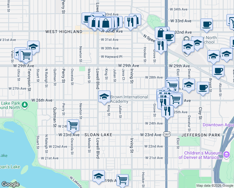 map of restaurants, bars, coffee shops, grocery stores, and more near 2636 Julian Street in Denver
