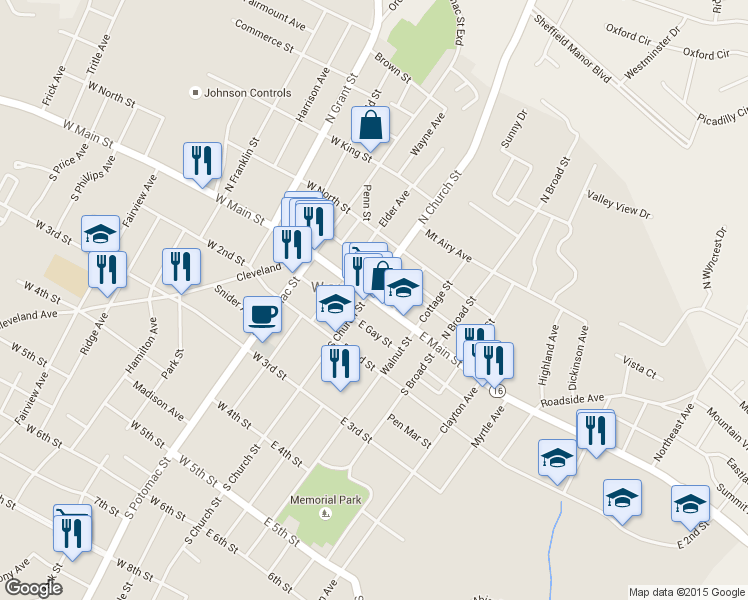 map of restaurants, bars, coffee shops, grocery stores, and more near 12 East Main Street in Waynesboro