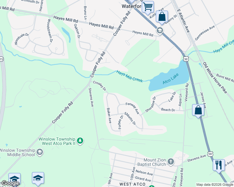 map of restaurants, bars, coffee shops, grocery stores, and more near 120 Crosley Drive in Atco