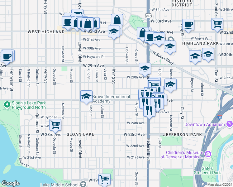 map of restaurants, bars, coffee shops, grocery stores, and more near 2624 Irving Street in Denver