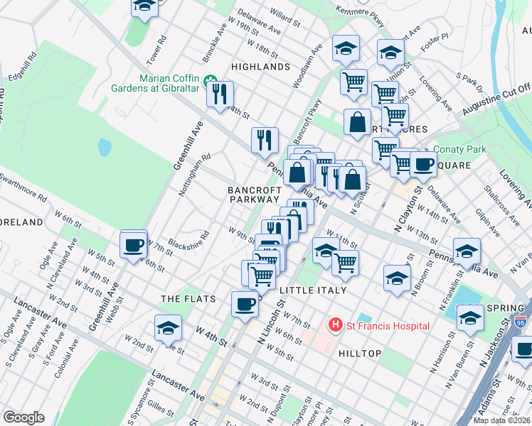 map of restaurants, bars, coffee shops, grocery stores, and more near 1005 North Bancroft Parkway in Wilmington