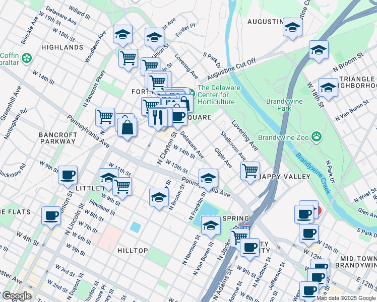 map of restaurants, bars, coffee shops, grocery stores, and more near 1401 Pennsylvania Avenue in Wilmington