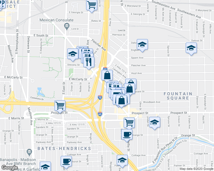 map of restaurants, bars, coffee shops, grocery stores, and more near 800 Virginia Avenue in Indianapolis