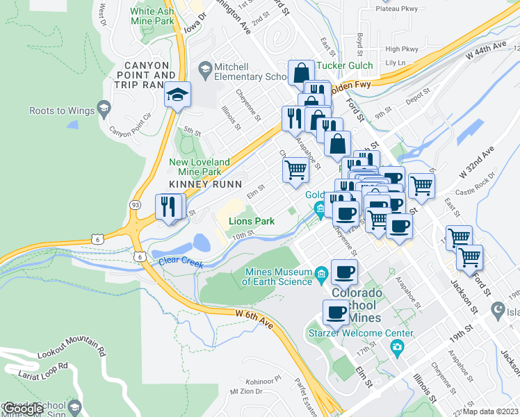 map of restaurants, bars, coffee shops, grocery stores, and more near 1195 9th Street in Golden