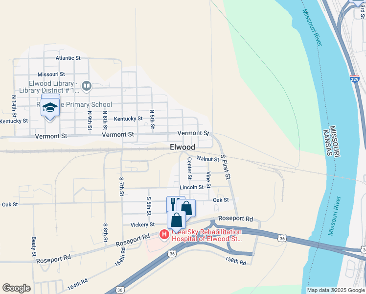 map of restaurants, bars, coffee shops, grocery stores, and more near 104 North 3rd Street in Wathena