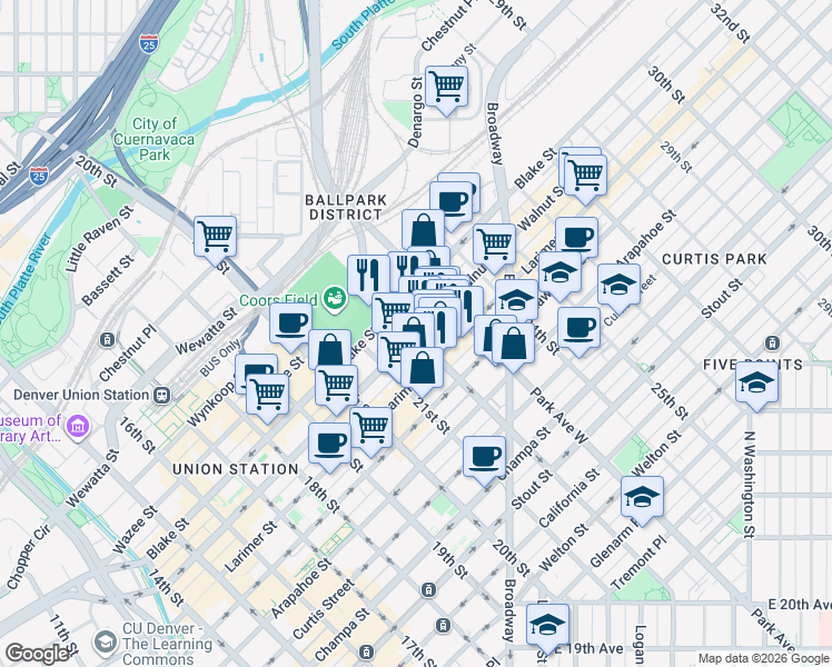 map of restaurants, bars, coffee shops, grocery stores, and more near 2200 Market Street in Denver
