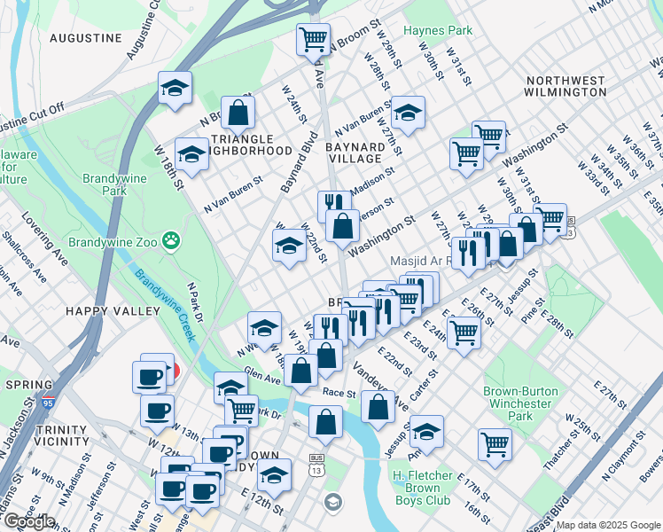 map of restaurants, bars, coffee shops, grocery stores, and more near 300A Delaware 202 in Wilmington