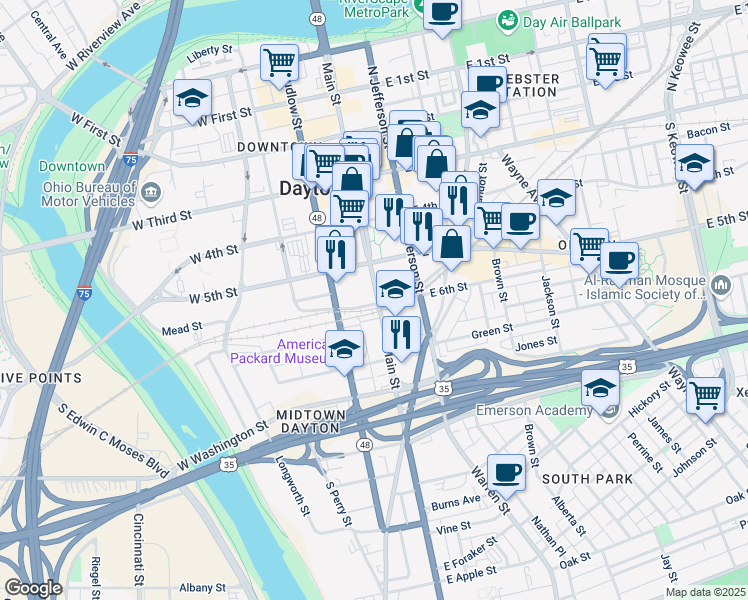 map of restaurants, bars, coffee shops, grocery stores, and more near 200 South Main Street in Dayton