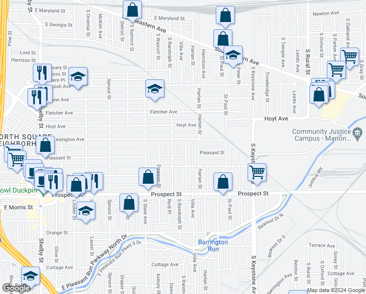 map of restaurants, bars, coffee shops, grocery stores, and more near 2001 Lexington Avenue in Indianapolis