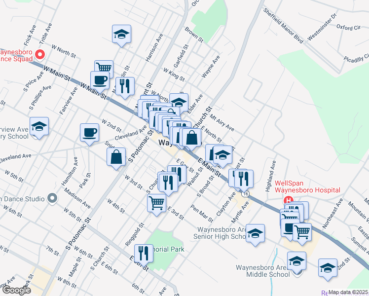 map of restaurants, bars, coffee shops, grocery stores, and more near 45 East Main Street in Waynesboro