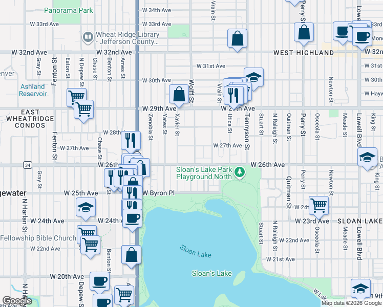 map of restaurants, bars, coffee shops, grocery stores, and more near 2635 Wolff Street in Denver