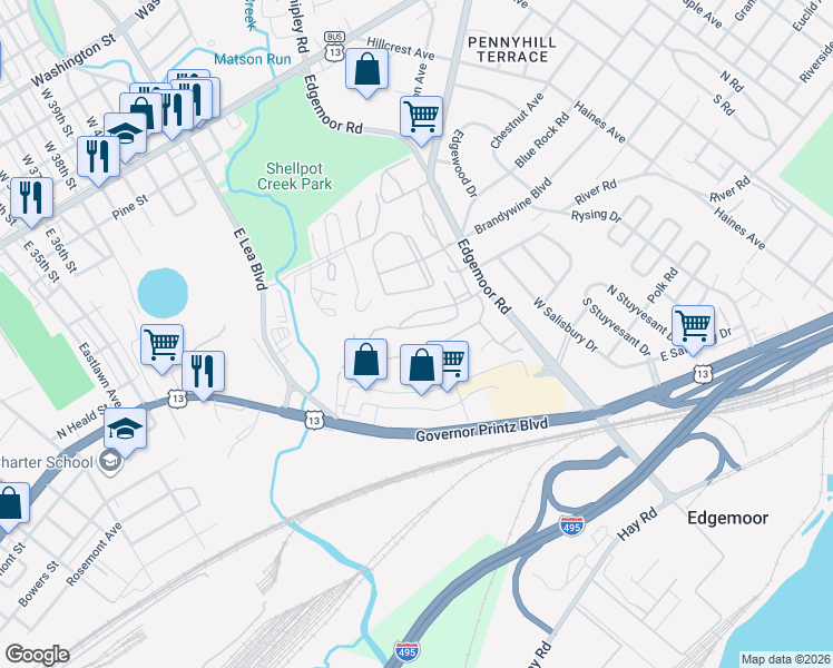 map of restaurants, bars, coffee shops, grocery stores, and more near 3701 Eastview Lane in Wilmington