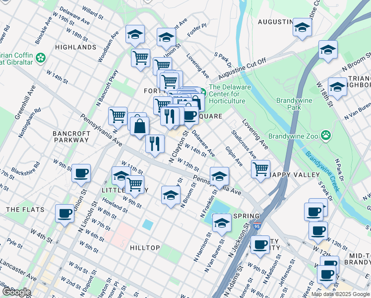 map of restaurants, bars, coffee shops, grocery stores, and more near 1506 West 14th Street in Wilmington