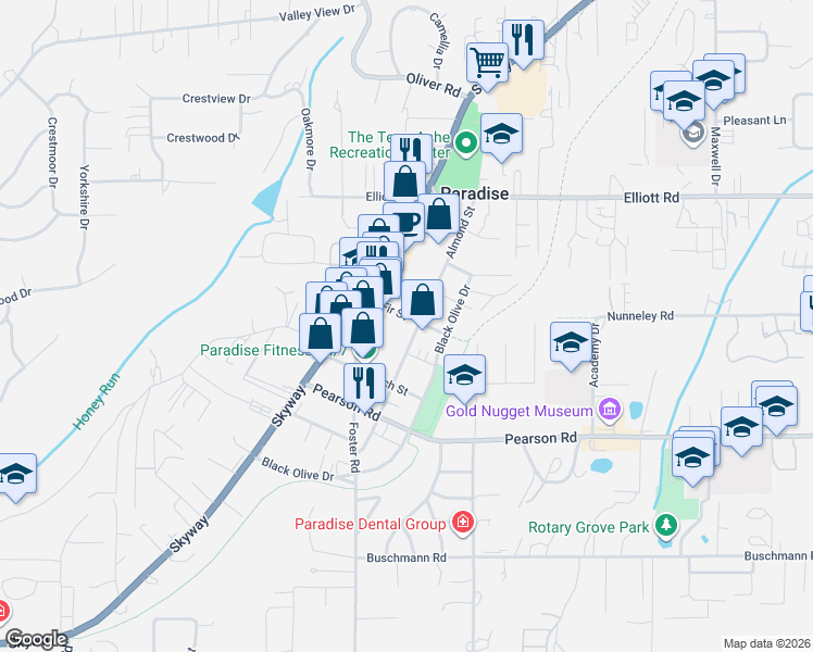 map of restaurants, bars, coffee shops, grocery stores, and more near 5729 Almond Street in Paradise