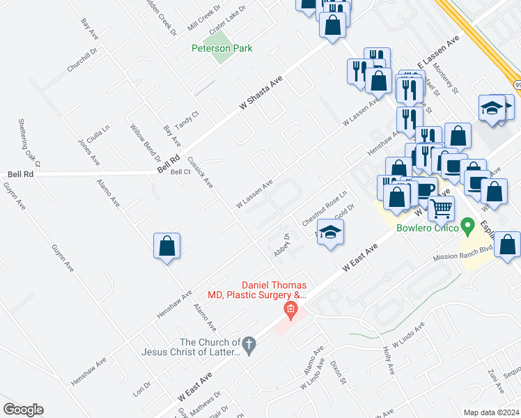 map of restaurants, bars, coffee shops, grocery stores, and more near 91 Northwood Commons Place in Chico