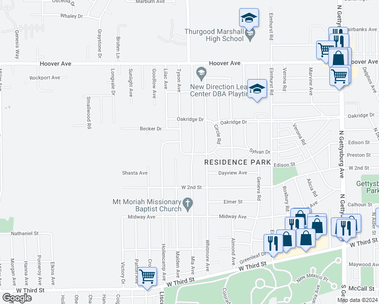 map of restaurants, bars, coffee shops, grocery stores, and more near 601 Mia Avenue in Dayton