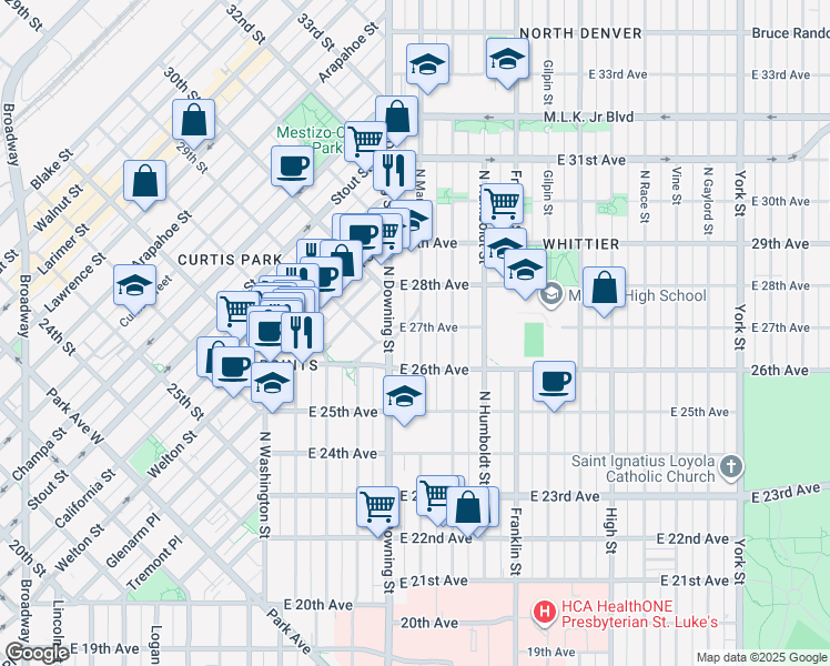 map of restaurants, bars, coffee shops, grocery stores, and more near 1234 East 27th Avenue in Denver