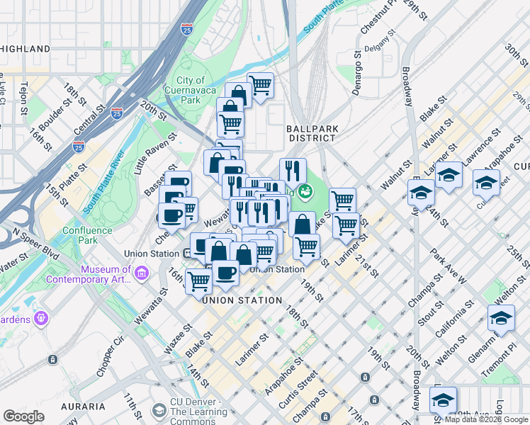 map of restaurants, bars, coffee shops, grocery stores, and more near 1735 19th Street in Denver