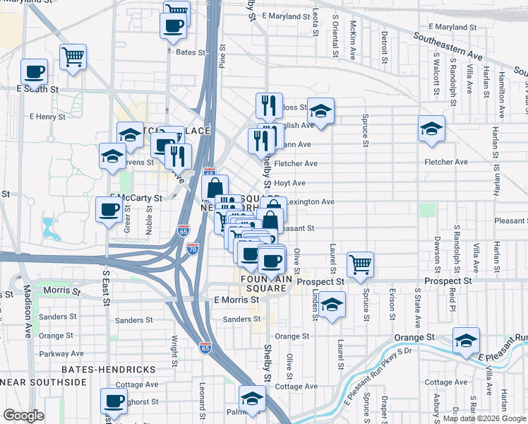 map of restaurants, bars, coffee shops, grocery stores, and more near 1024 Elm Street in Indianapolis