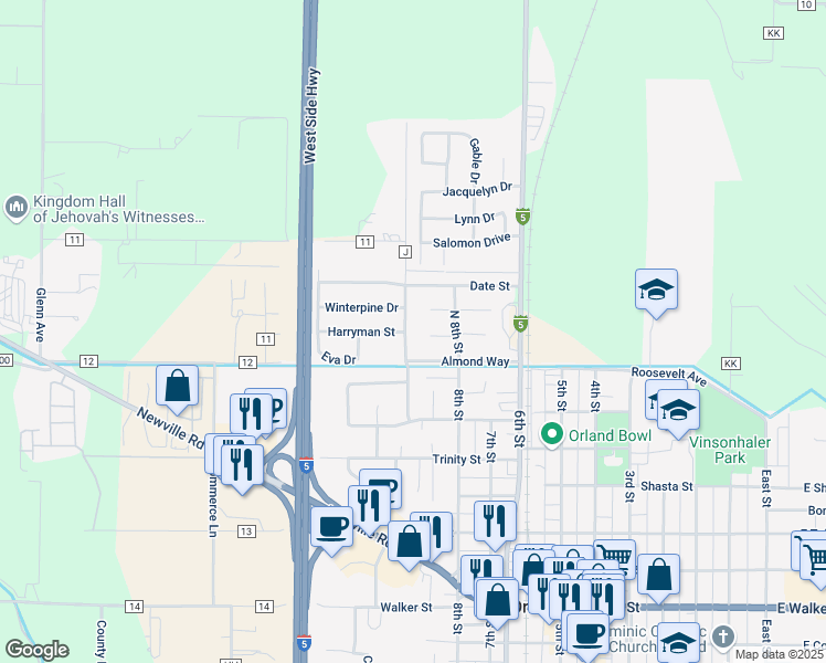 map of restaurants, bars, coffee shops, grocery stores, and more near 807 Cherry Circle in Orland
