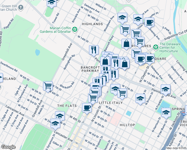 map of restaurants, bars, coffee shops, grocery stores, and more near 1000 North Bancroft Parkway in Wilmington