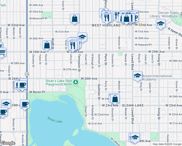 map of restaurants, bars, coffee shops, grocery stores, and more near 2663 Raleigh Street in Denver