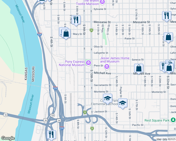 map of restaurants, bars, coffee shops, grocery stores, and more near 914 Penn Street in Saint Joseph