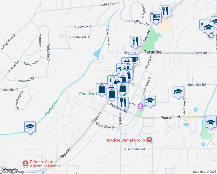 map of restaurants, bars, coffee shops, grocery stores, and more near 3851 Honey Run Rd in Paradise