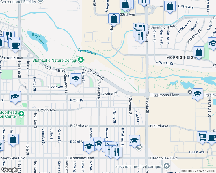 map of restaurants, bars, coffee shops, grocery stores, and more near Martin Luther King Junior Boulevard in Denver
