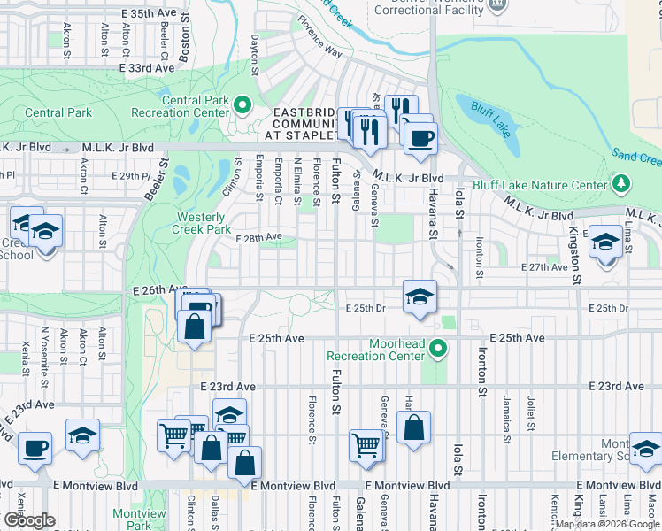 map of restaurants, bars, coffee shops, grocery stores, and more near 2750 Florence Street in Denver