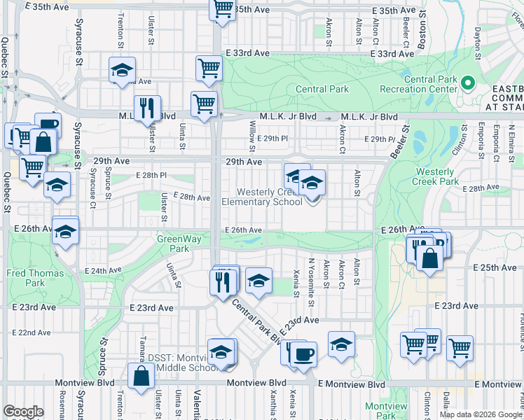 map of restaurants, bars, coffee shops, grocery stores, and more near 8694 East 28th Avenue in Denver