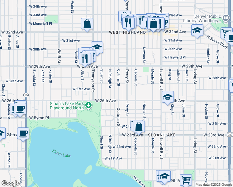 map of restaurants, bars, coffee shops, grocery stores, and more near 2663 Quitman Street in Denver