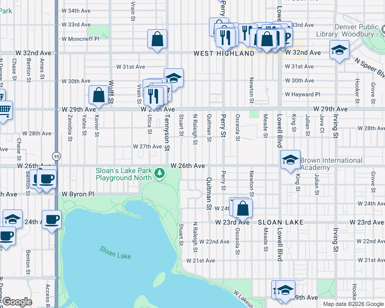 map of restaurants, bars, coffee shops, grocery stores, and more near 2663 Raleigh Street in Denver