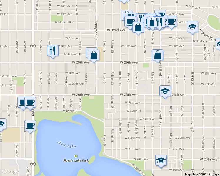 map of restaurants, bars, coffee shops, grocery stores, and more near 2663 Raleigh Street in Denver