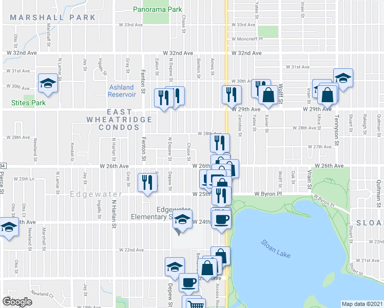 map of restaurants, bars, coffee shops, grocery stores, and more near 5349 West 27th Avenue in Wheat Ridge