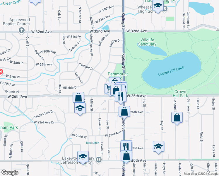 map of restaurants, bars, coffee shops, grocery stores, and more near 2684 Paramount Parkway in Lakewood