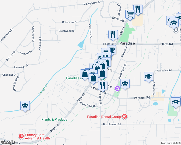 map of restaurants, bars, coffee shops, grocery stores, and more near 3851 Honey Run Road in Paradise