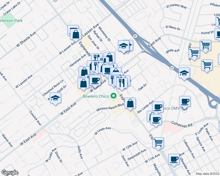 map of restaurants, bars, coffee shops, grocery stores, and more near 2507 Esplanade in Chico