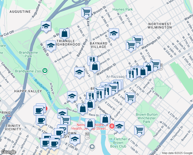 map of restaurants, bars, coffee shops, grocery stores, and more near 300A Delaware 202 in Wilmington