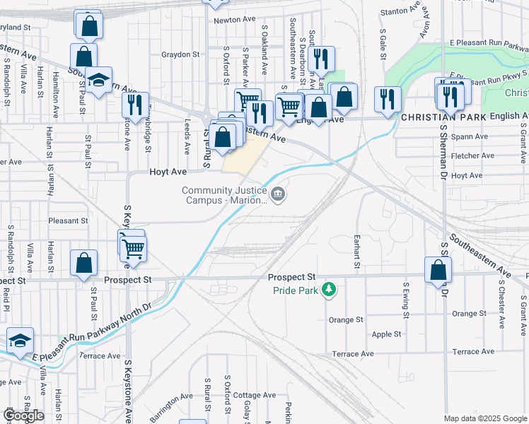 map of restaurants, bars, coffee shops, grocery stores, and more near 2950 Prospect Street in Indianapolis