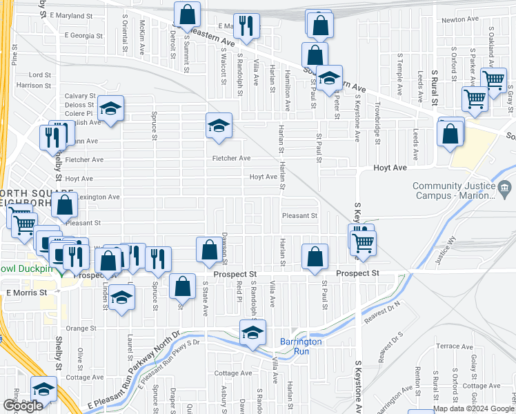 map of restaurants, bars, coffee shops, grocery stores, and more near 2001 Lexington Avenue in Indianapolis