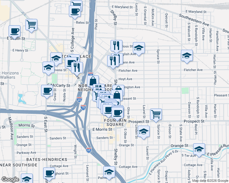 map of restaurants, bars, coffee shops, grocery stores, and more near 1024 Elm Street in Indianapolis