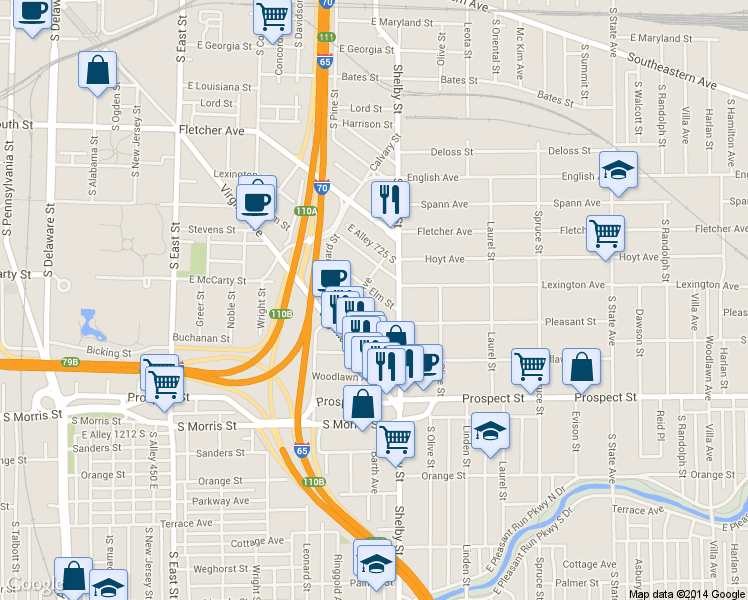 map of restaurants, bars, coffee shops, grocery stores, and more near 1024 Elm Street in Indianapolis