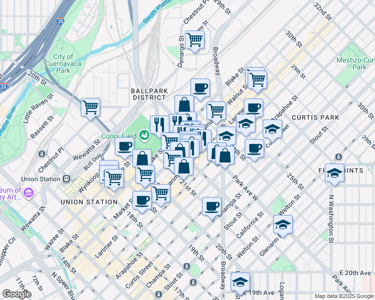 map of restaurants, bars, coffee shops, grocery stores, and more near 2200 Market Street in Denver